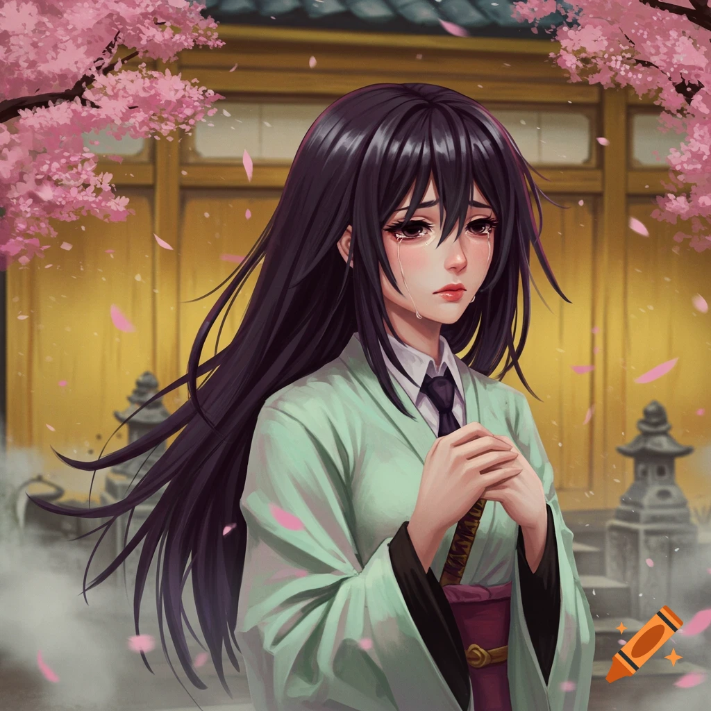 Crying anime girl with long black hair in a green kimono, under a cherry blossom tree in front of a traditional Japanese building.