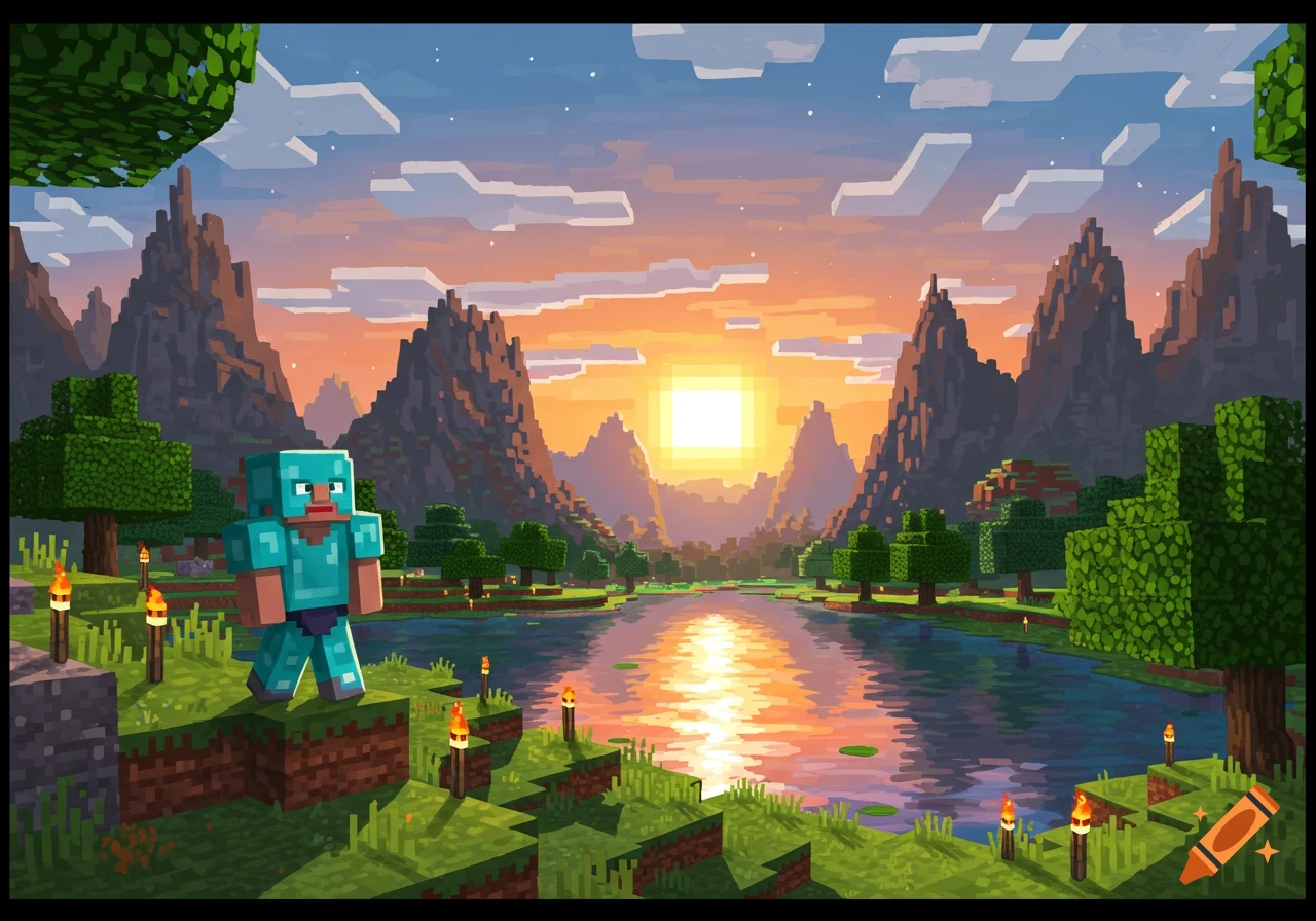 Minecraft character in diamond armor stands by a pixelated river at sunset, with blocky mountains and trees.