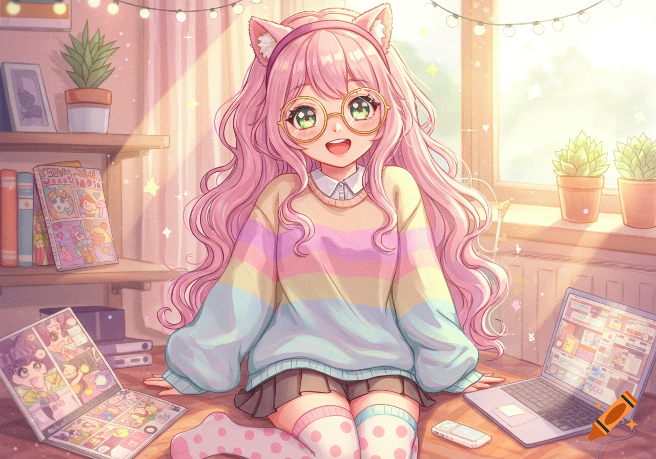 A cute anime girl with pink hair and cat ears, wearing glasses and a striped sweater, sitting on the floor with books and a laptop in a sunlit room.