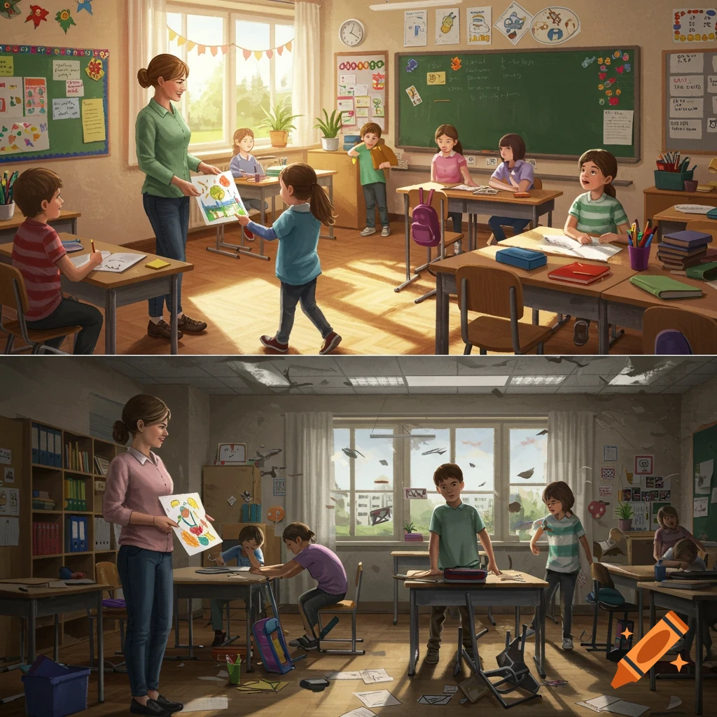 A split image shows two contrasting classroom scenes. The top half depicts a bright, orderly classroom with a teacher and polite students. The bottom half shows the same classroom in disarray with messy desks, flying papers, and chaotic students.