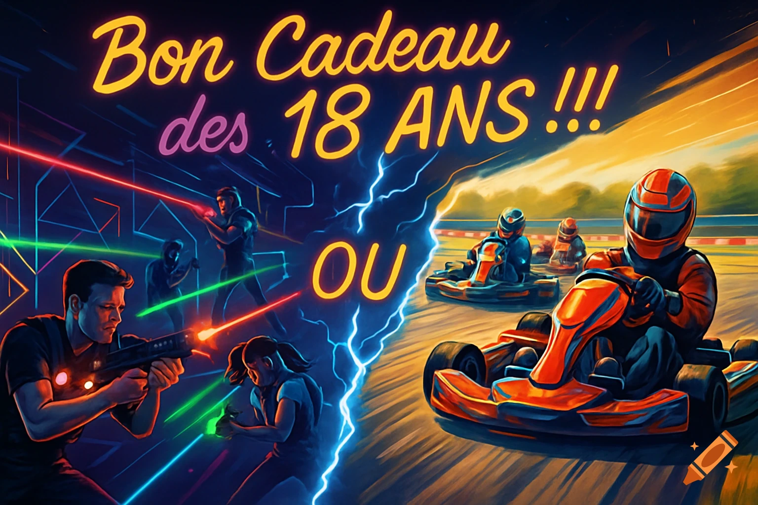 A vibrant split image showing laser tag players with glowing beams on the left and go-karters on a track on the right, with French text.