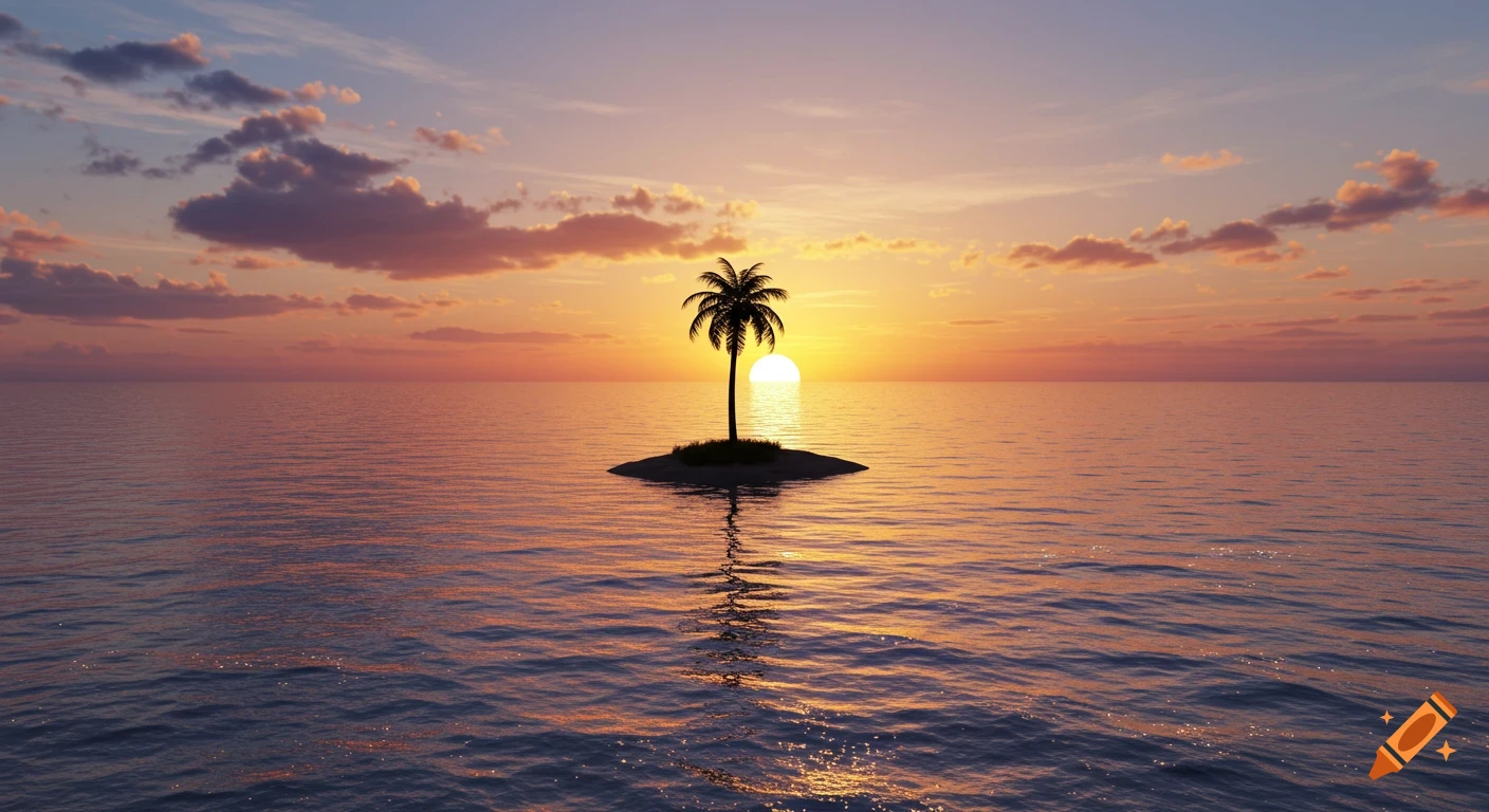 A silhouetted palm tree on a tiny island, centered against a vibrant ocean sunset with warm hues reflecting on the water.