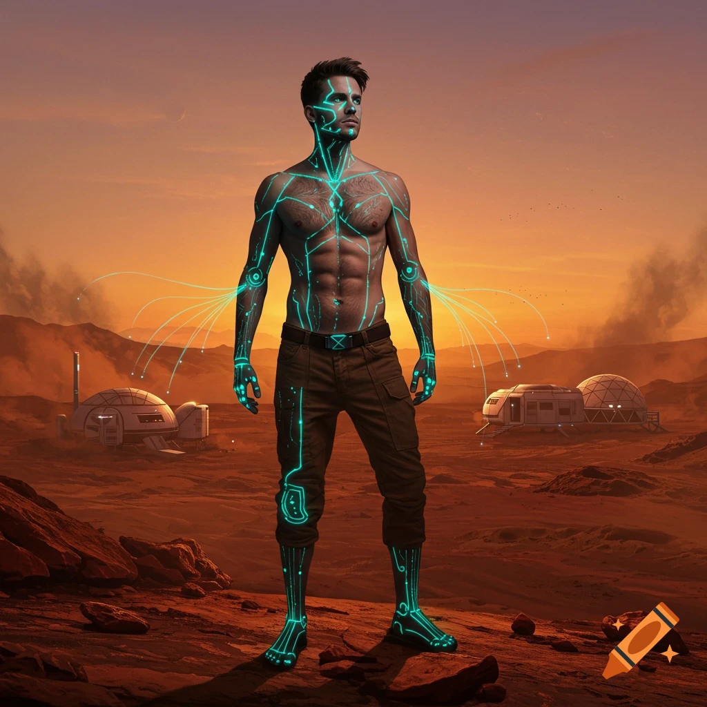 A shirtless man with glowing blue cyberware stands on a red Martian landscape with futuristic domes under an orange sky.
