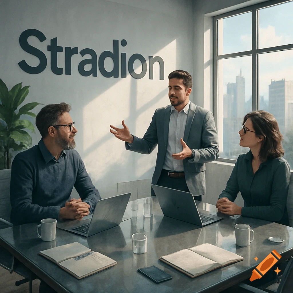 Three business professionals discuss in a bright office with "Stradion" on the wall, photorealistic.