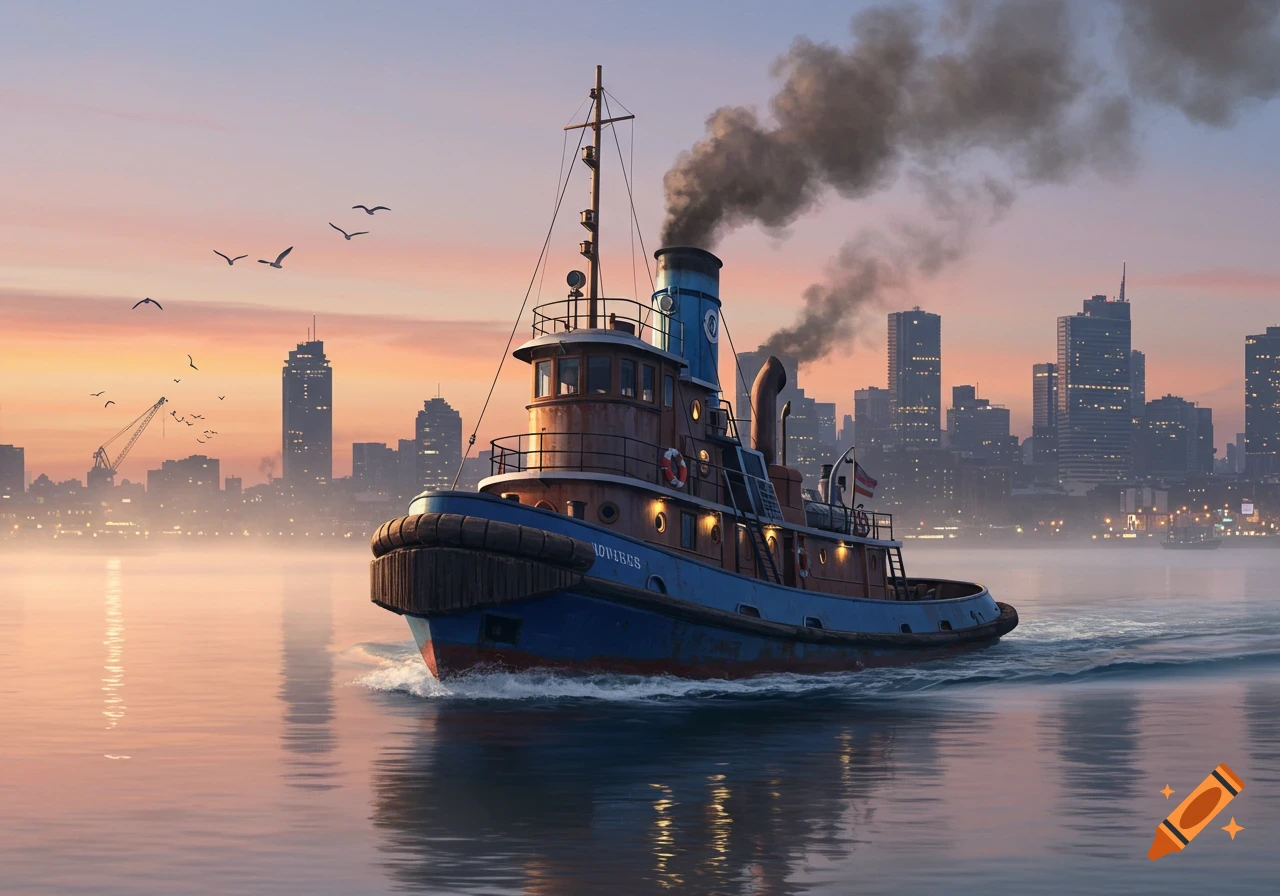 A photorealistic image of a blue and brown tugboat steaming across calm water at sunrise, with a hazy city skyline in the background.