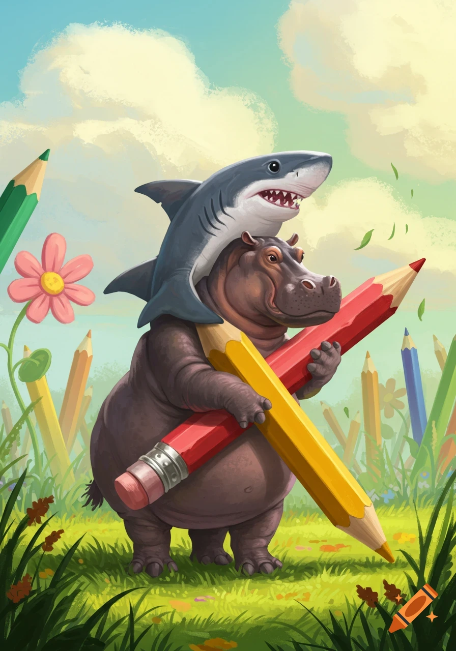 Whimsical cartoon illustration of a hippo wearing a shark hat, holding a red and yellow pencil in a grassy field with giant pencils.