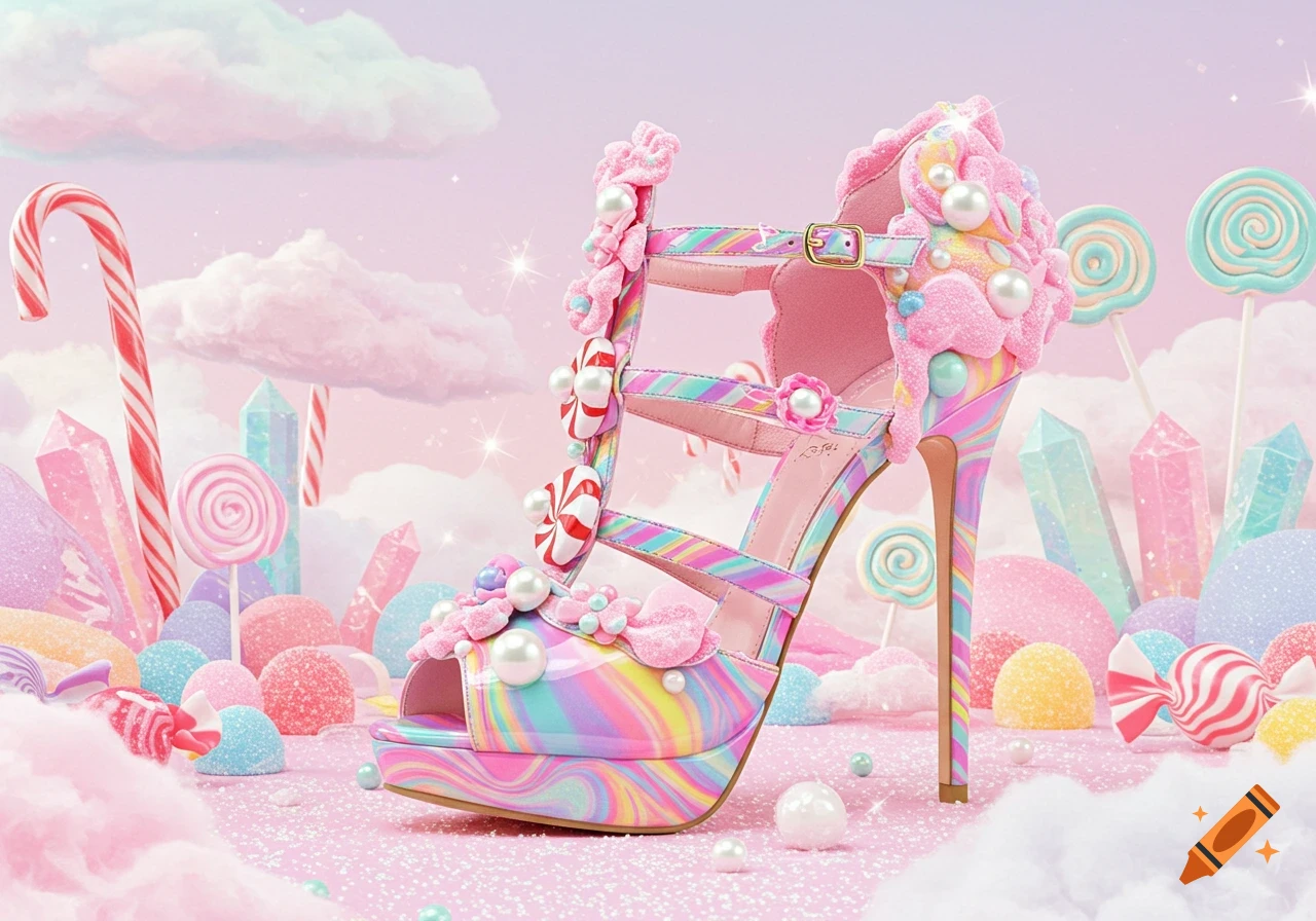 A vibrant, candy-themed high heel shoe in pastel colors, surrounded by lollipops and sweets in a dreamy, pink landscape.
