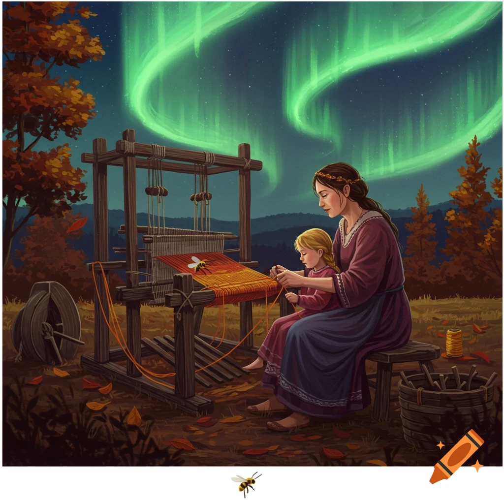 Illustration of a woman and child weaving at a loom outdoors under green aurora lights at night, with fall leaves and a bee.