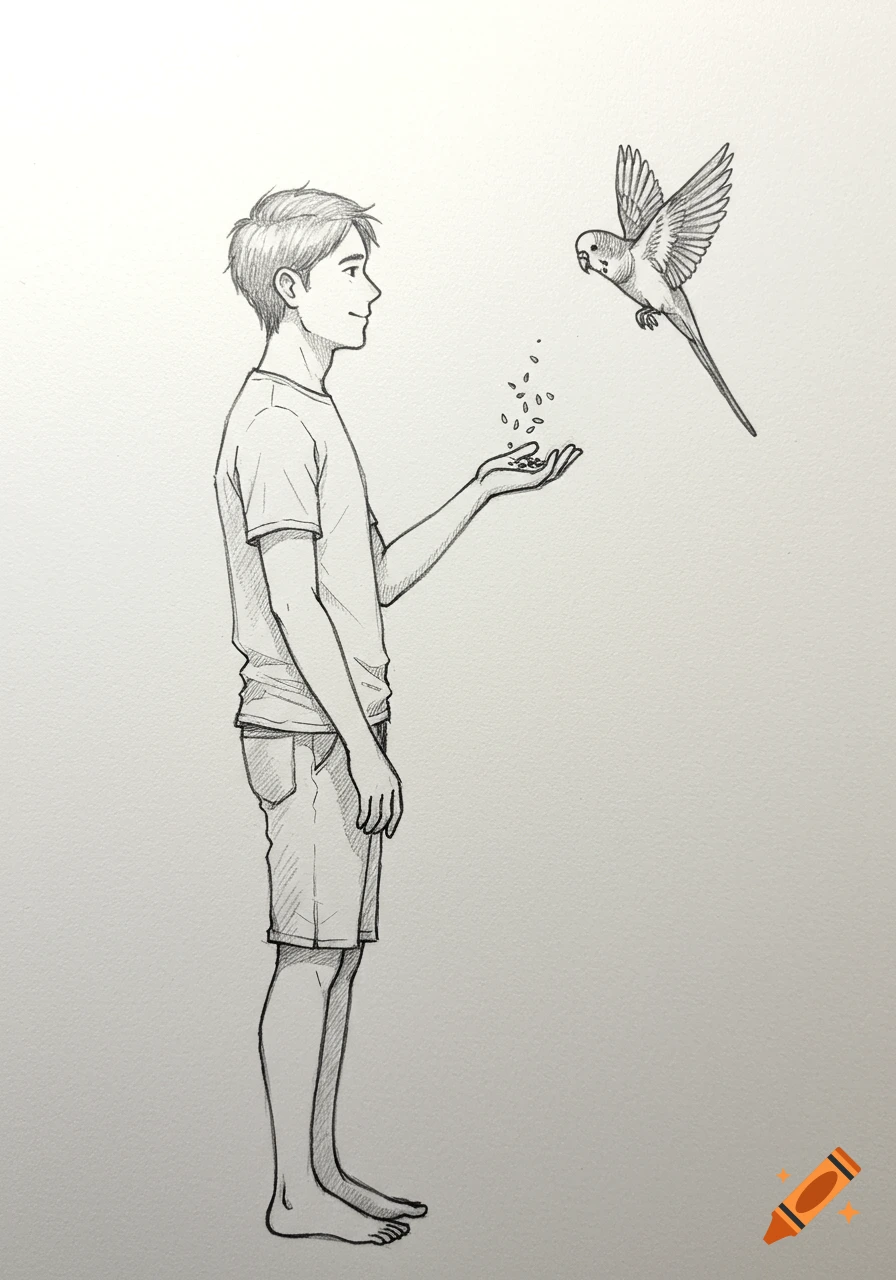 Pencil drawing of a young man feeding seeds to a flying parakeet from his open hand.