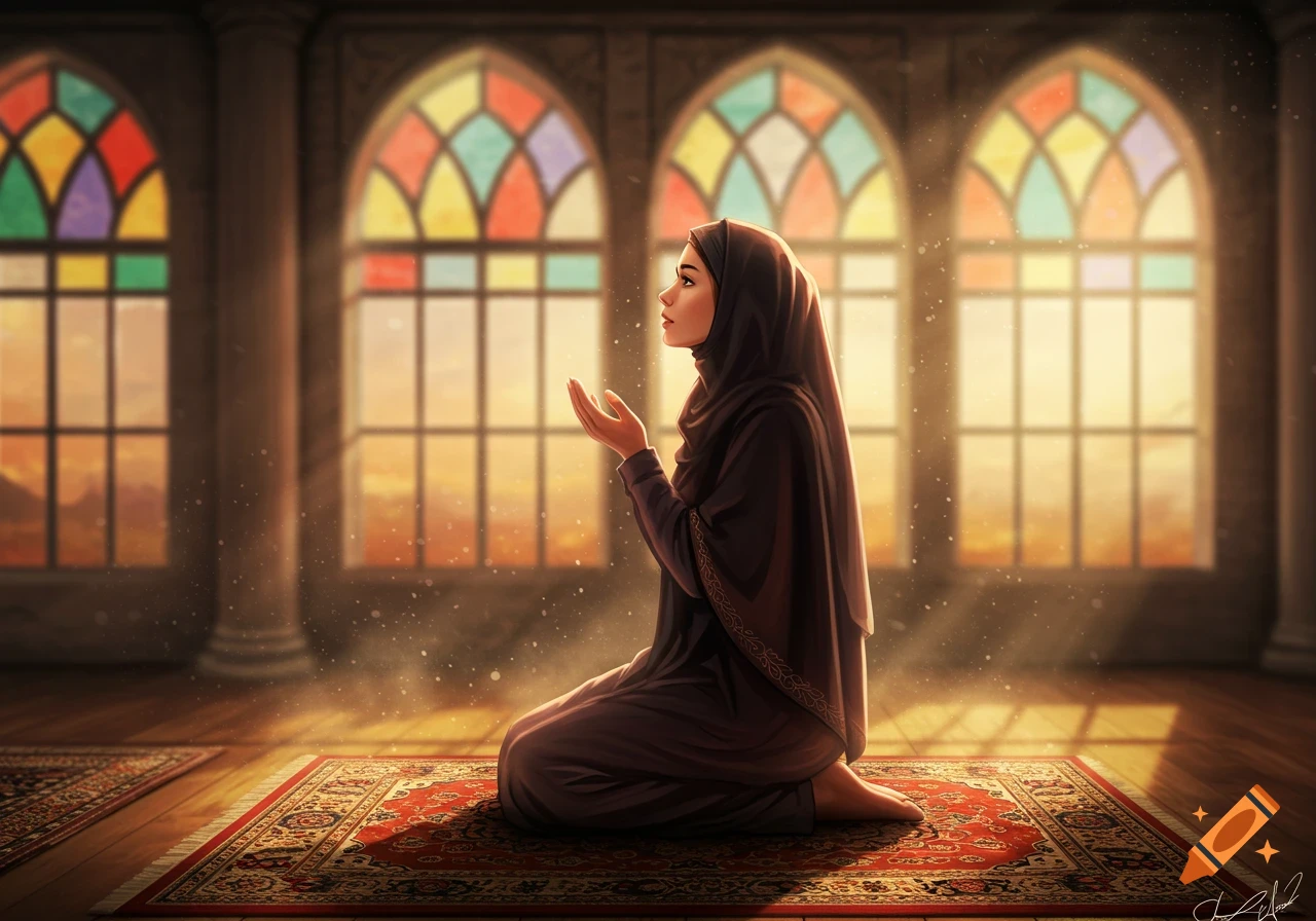 A Muslim woman kneels on a prayer rug in a mosque, hands raised in prayer, illuminated by light through stained-glass windows. Digital art.