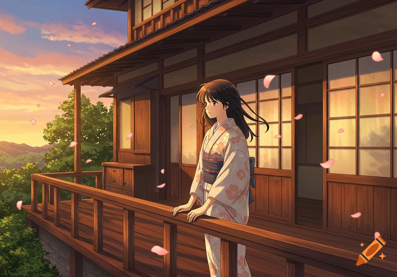 Anime girl in a kimono stands on a traditional Japanese balcony at sunset with falling pink petals and mountains in the background.