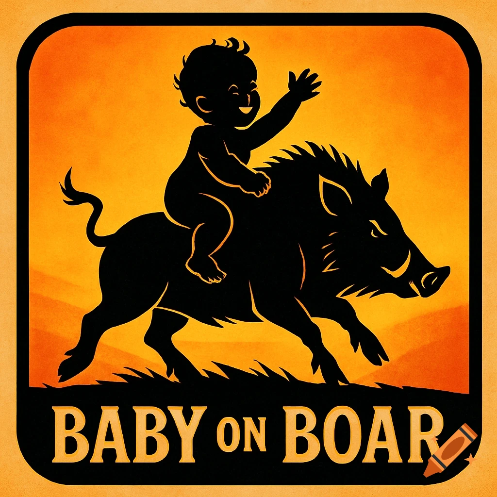 Silhouette of a baby riding a wild boar on a stylized orange and black sign with the text "BABY ON BOAR".