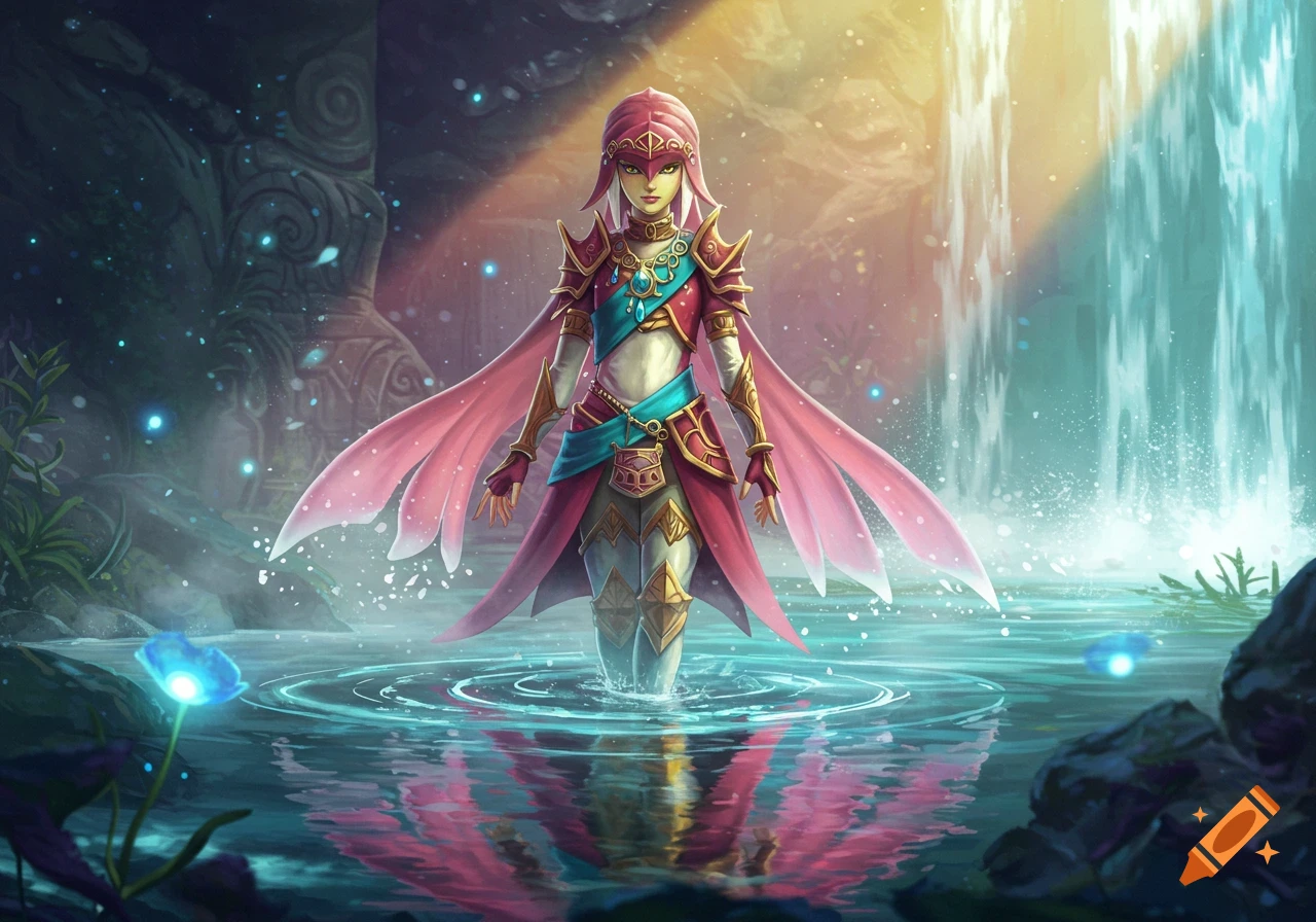 A female fantasy character in red and gold armor with pink flowing fabric stands in shallow water, a waterfall and ruins in the background.