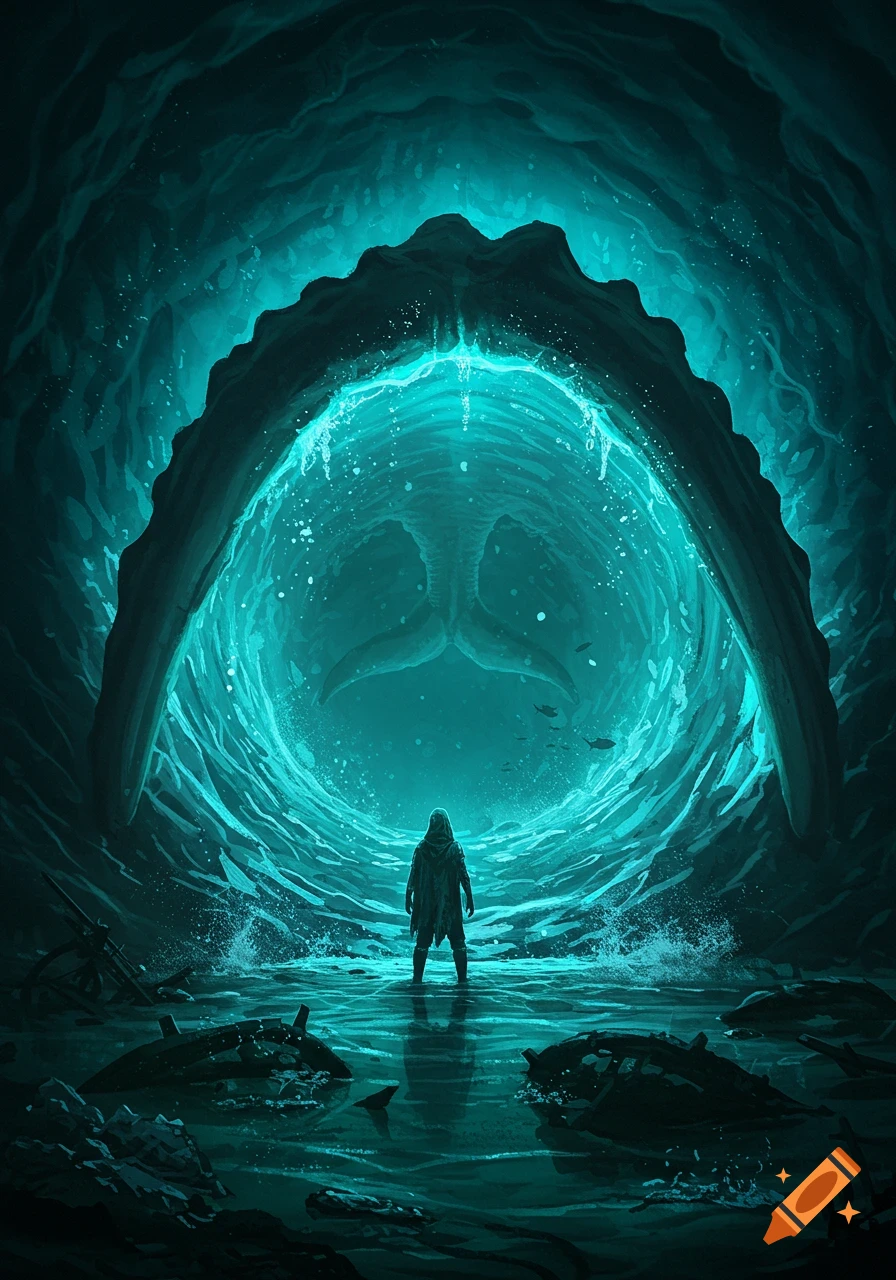 A lone figure stands in glowing teal water inside a vast, cavernous mouth, with a whale's tail visible deeper within.