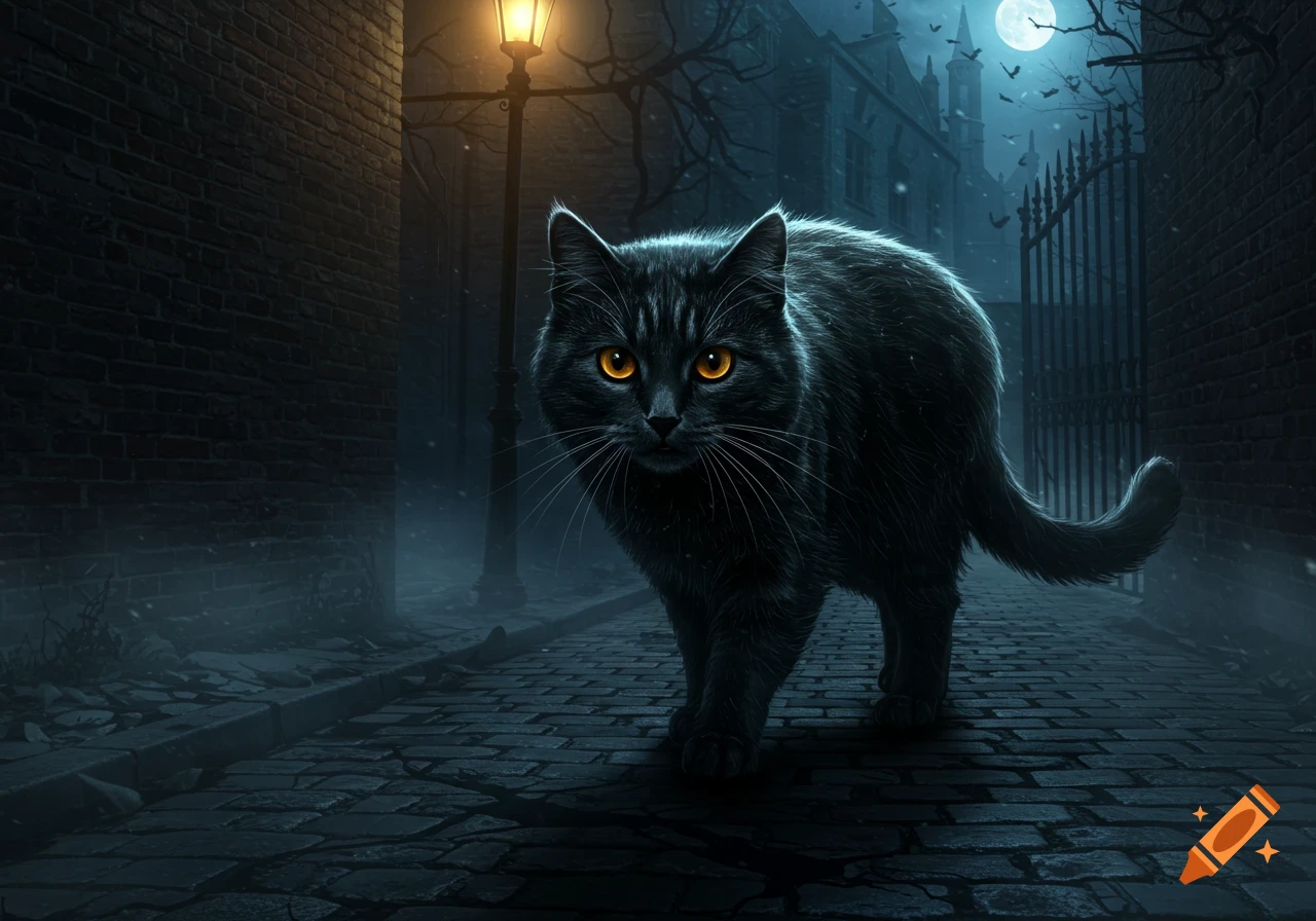 A black cat with glowing orange eyes walks on a cobblestone street in a dark, atmospheric alley at night, lit by a streetlamp.
