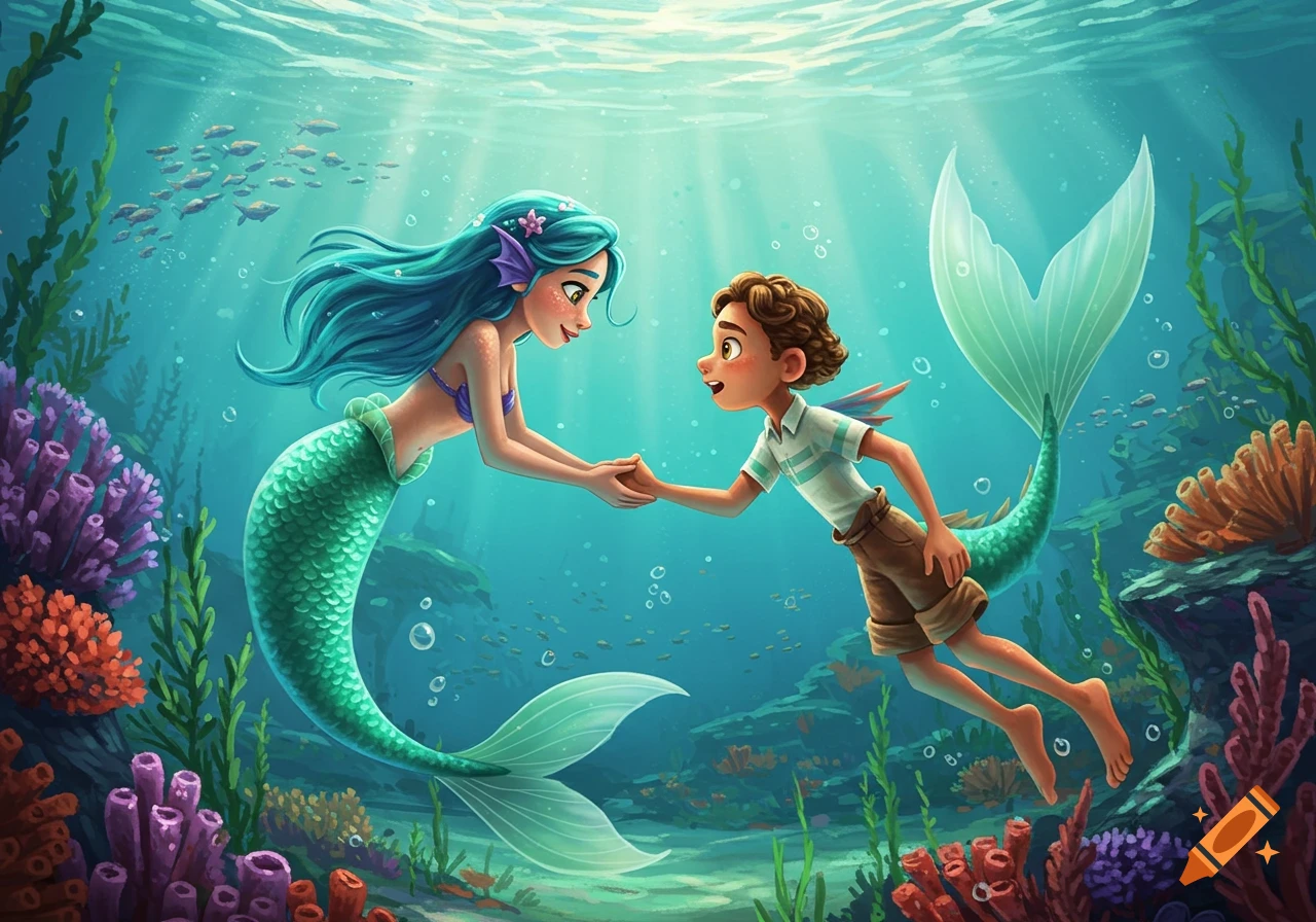 A cartoon mermaid with blue hair and a boy resembling Luca with a green tail hold hands underwater, surrounded by coral.