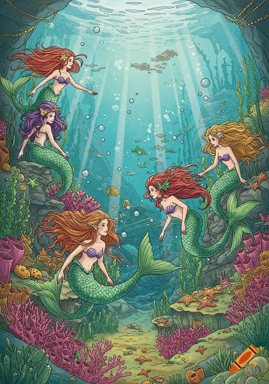 Illustrated coloring book page featuring several mermaids among vibrant coral and fish in a bright underwater scene.
