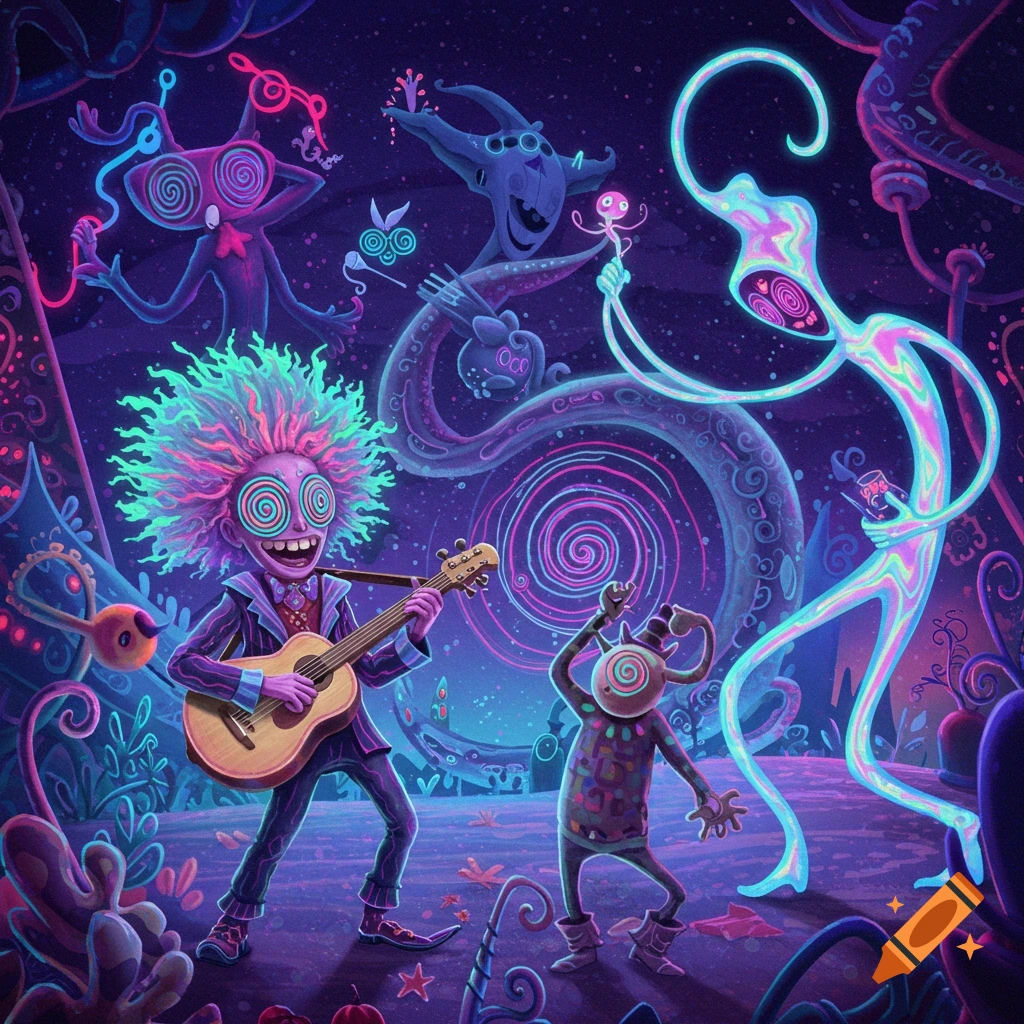 Vibrant psychedelic cartoon monsters in a surreal landscape, with one playing a guitar and others dancing.