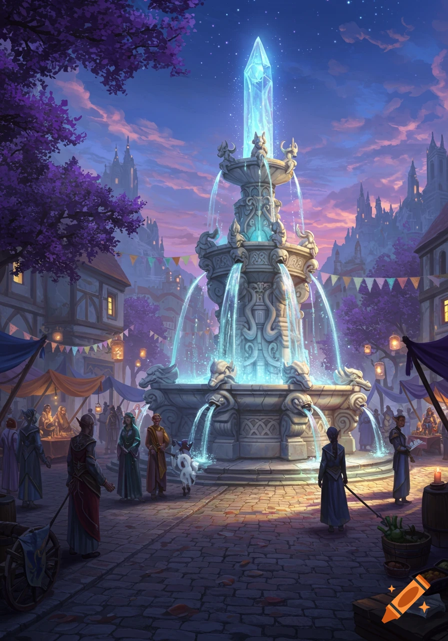 A detailed fantasy illustration of a vibrant town square at dusk, featuring a large, glowing crystal fountain surrounded by market stalls and people.