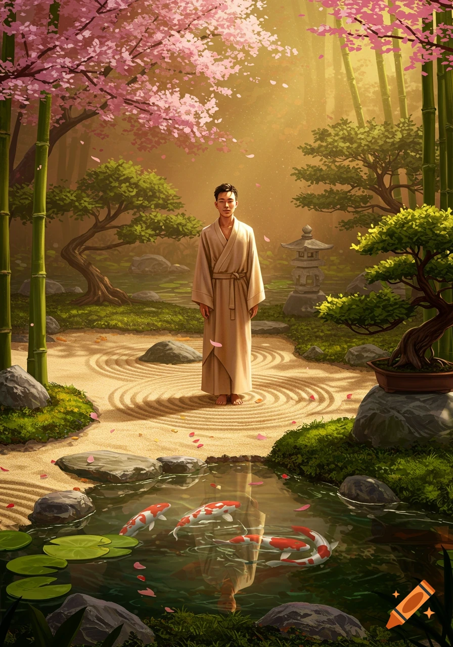 Illustrated man in a robe standing in a serene Japanese garden with pink cherry blossoms, bamboo, and koi fish in a pond.