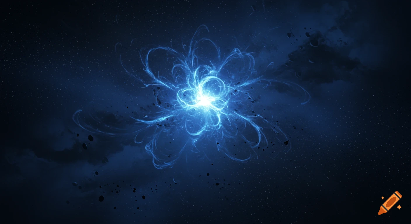 A bright blue energy burst resembling a supernova in the dark expanse of space with faint stars and dark clouds.