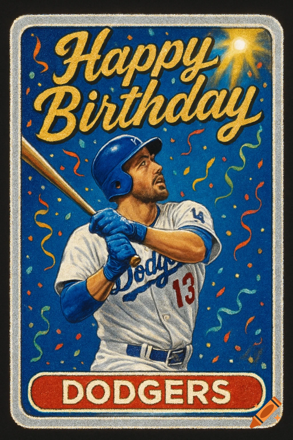 A vintage-style baseball card with 'Happy Birthday' text, featuring a Los Angeles Dodgers player in a batting stance.