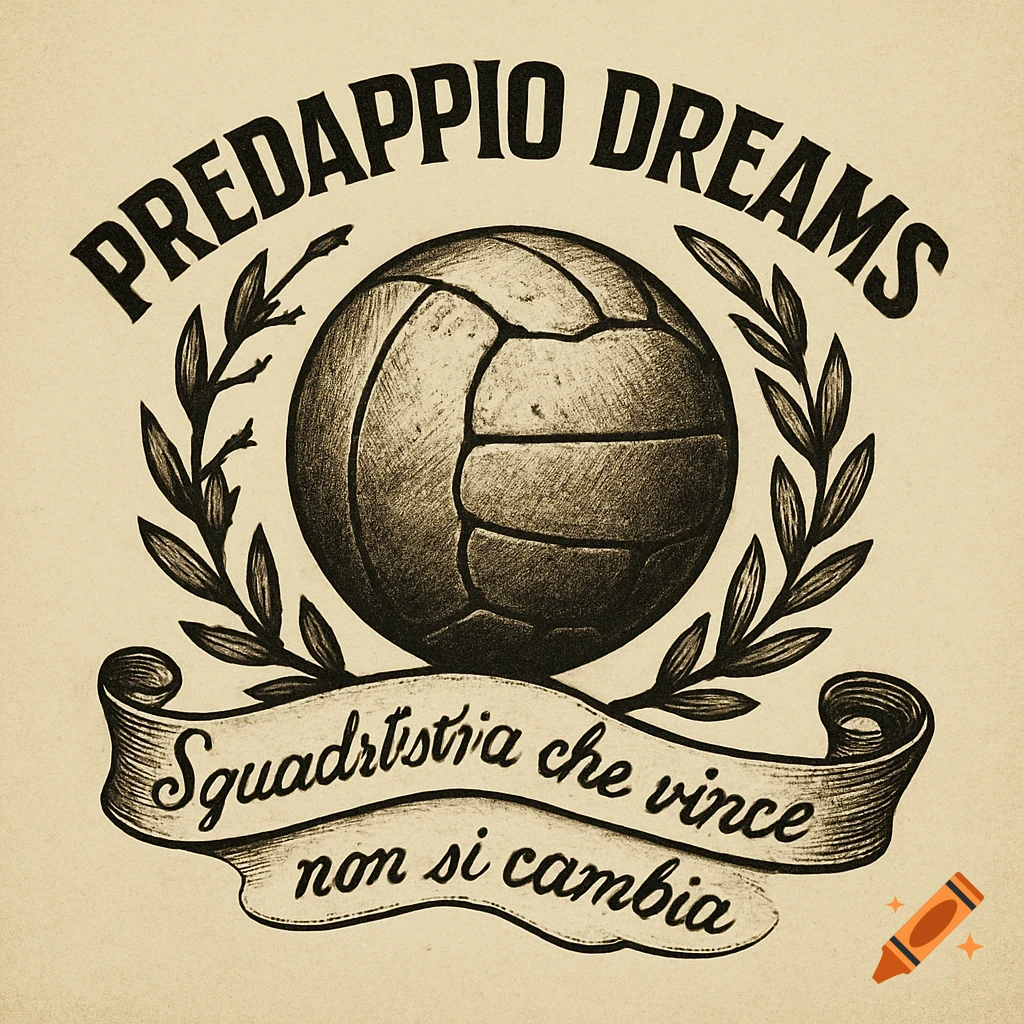 Vintage sepia logo: 1930s soccer ball, laurel wreath, text "Predappio Dreams" and "Squadr(ist)a che vince non si cambia".