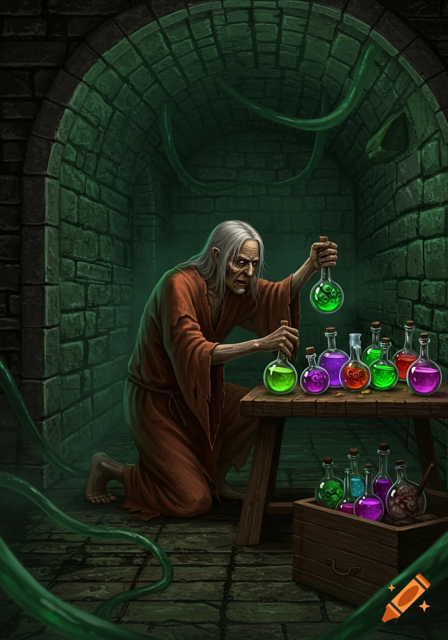 A creepy old man in a brown robe prepares green and purple potions in a dark dungeon. Fantasy art.