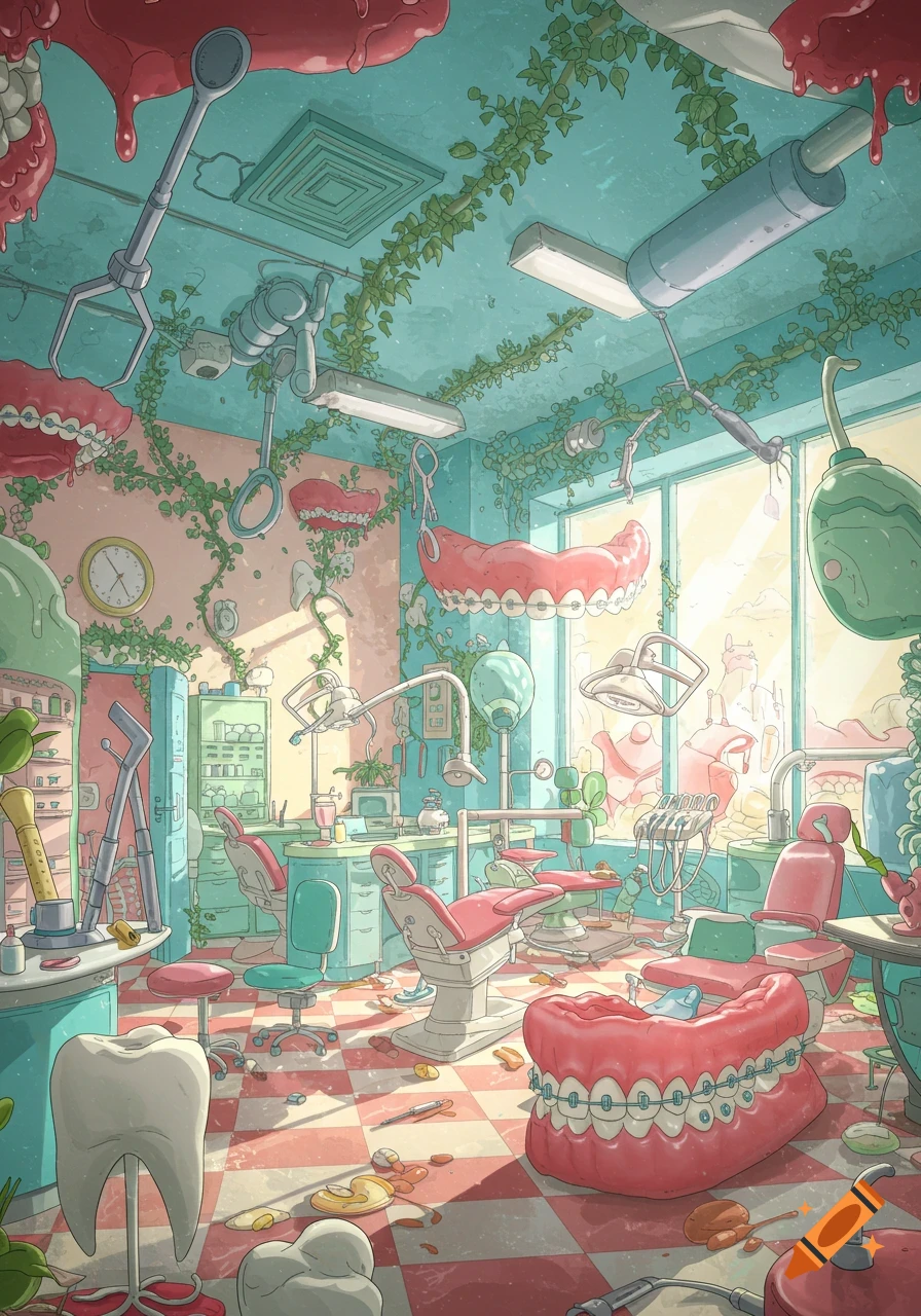 A surreal, chaotic orthodontist's office with oversized teeth, dental equipment, and vines growing on the walls, in a cartoonish style.