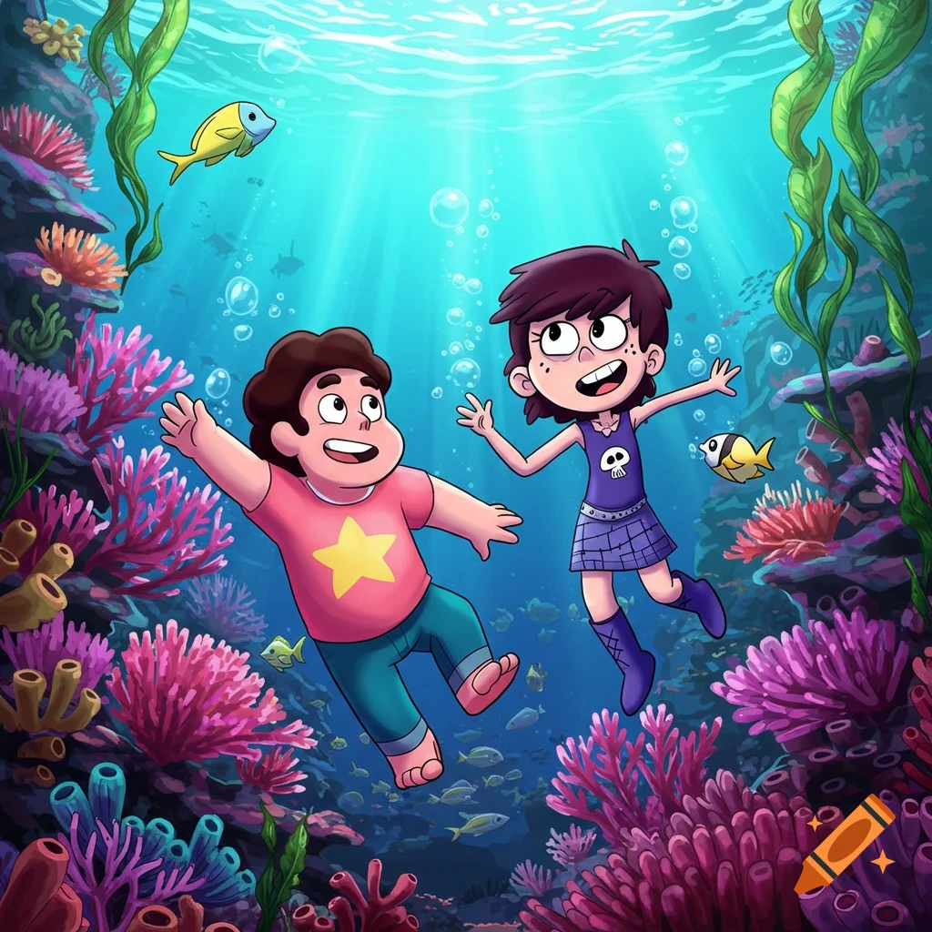 Cartoon of Steven Universe and Luna Loud swimming in a vibrant coral reef with fish and sunbeams.