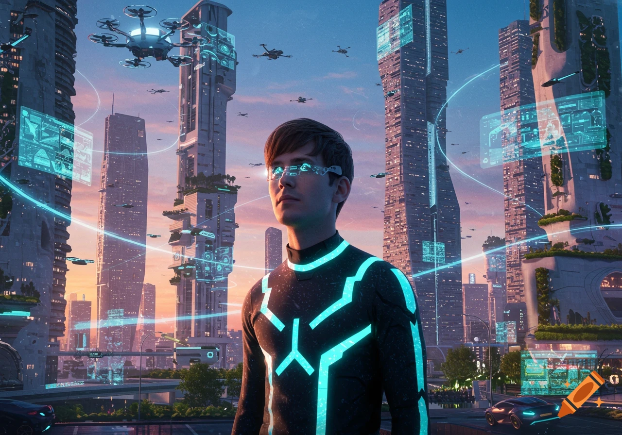 A man in a glowing suit and glasses looks out at a futuristic cityscape with flying drones and holographic interfaces at sunset, photorealistic.
