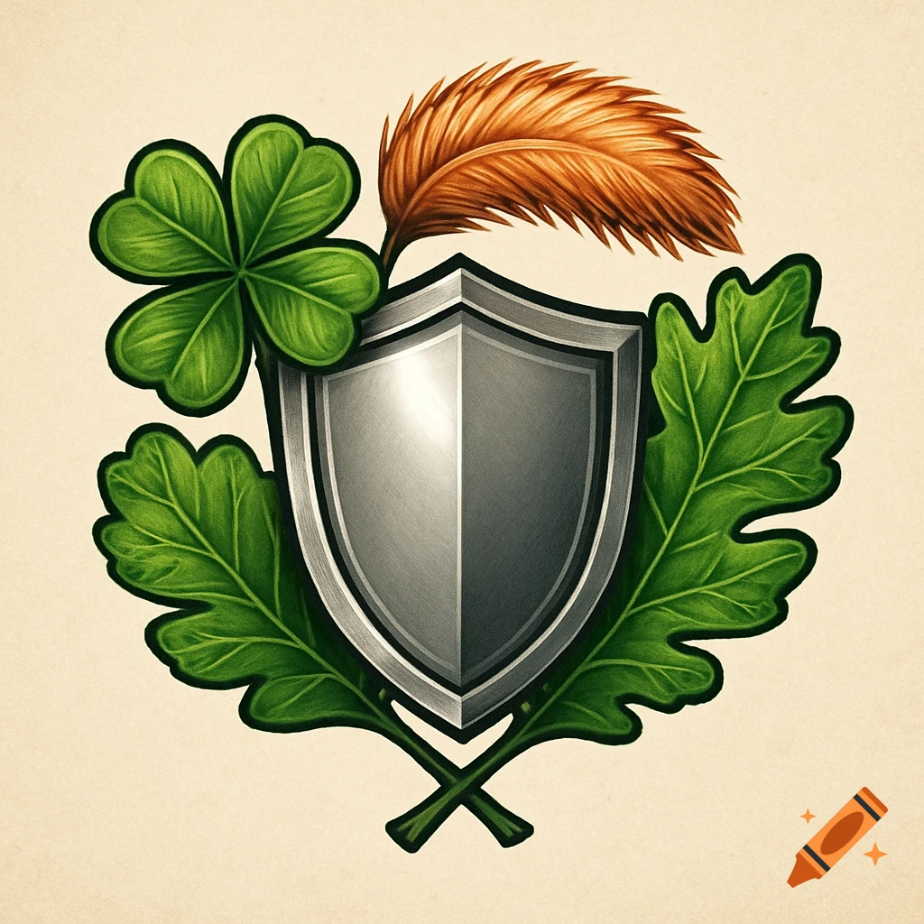 A silver shield emblem with a four-leaf clover, oak leaves, and a brown feather on a light background.