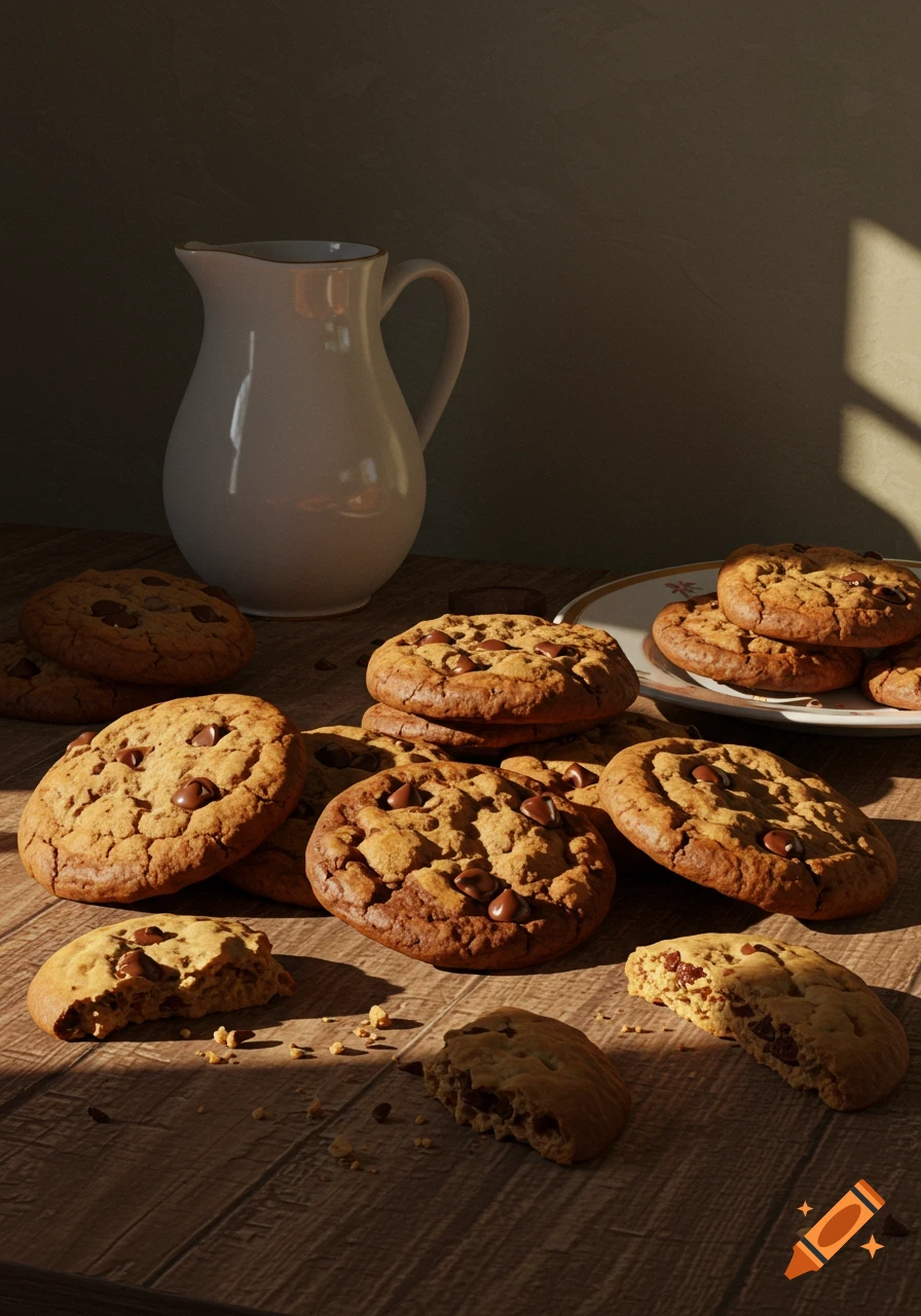 Chocolate chip cookies on a wooden table with a white pitcher and plate, bathed in warm sunlight. Photorealistic.