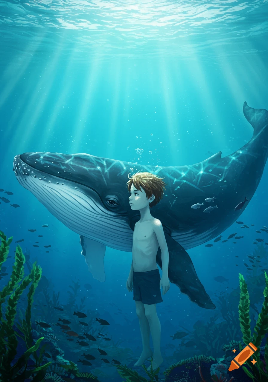 A boy in swim shorts floats underwater beside a large whale, with light rays piercing the blue water and a coral reef below in an illustration.