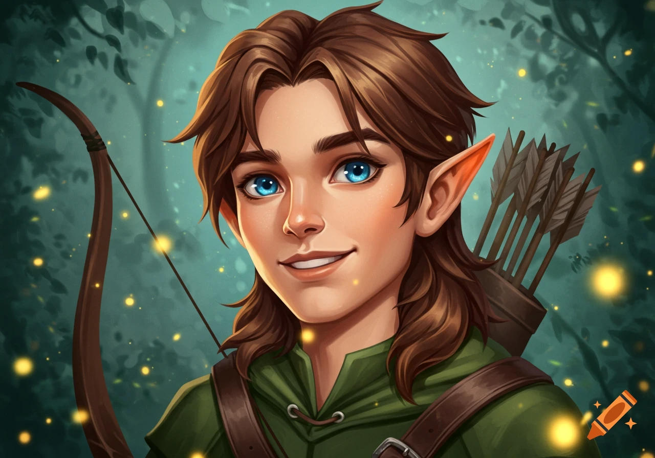 Close-up portrait of a young male elf archer with brown hair and blue eyes, smiling, against a magical forest background.
