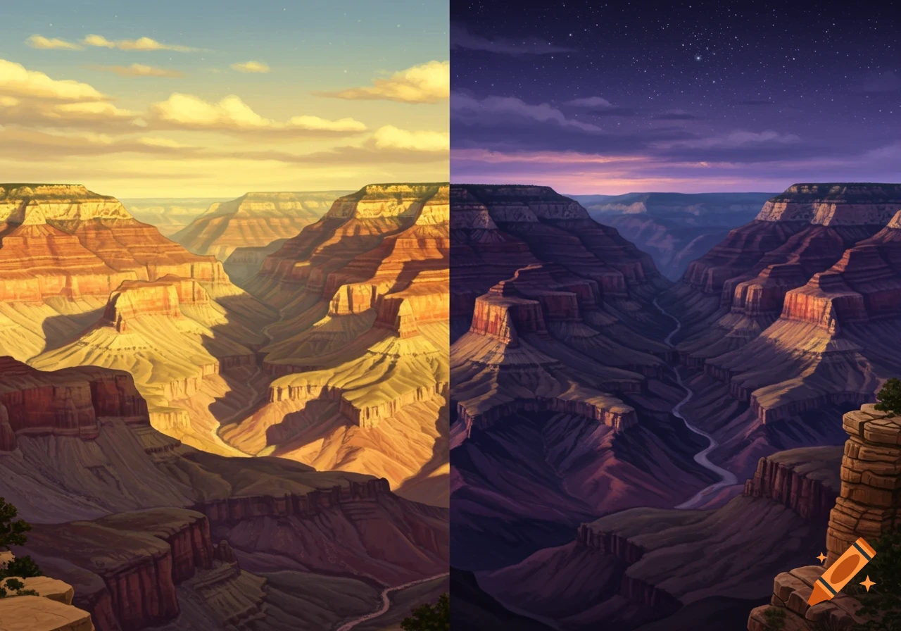 A split image of the Grand Canyon; the left side shows a yellow-orange daytime scene, and the right side shows a purple-blue night scene with stars.