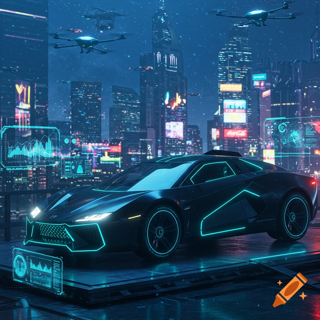 A sleek black futuristic sports car with neon blue lights on a platform in a dark, cyberpunk city with skyscrapers and flying drones.
