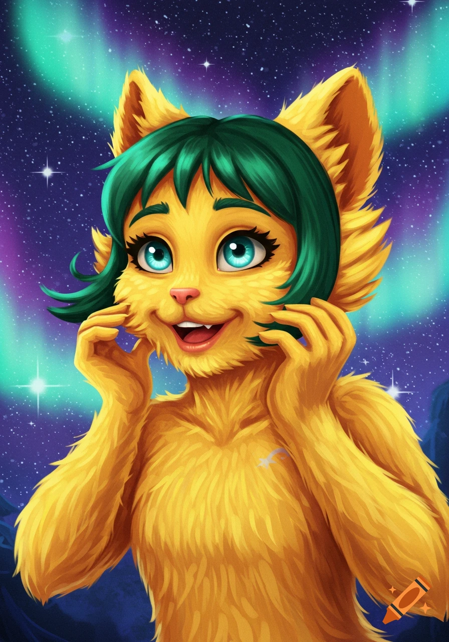 A vibrant digital illustration of a cheerful yellow furry creature with green hair and bright blue eyes, smiling against a starry sky with aurora borealis.
