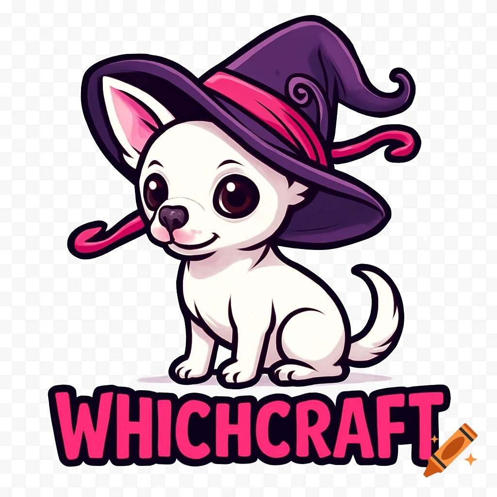 A cute white chihuahua wearing a purple witch hat with pink accents, sitting above the word 'WHICHCRAFT' in pink bold font.