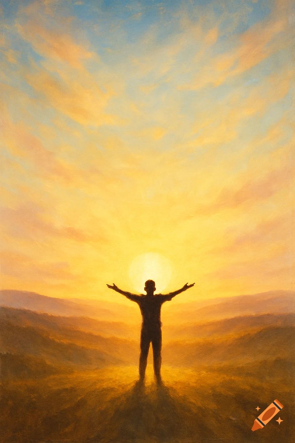 Digital painting of a person with outstretched arms silhouetted against a radiant sunrise over rolling hills.