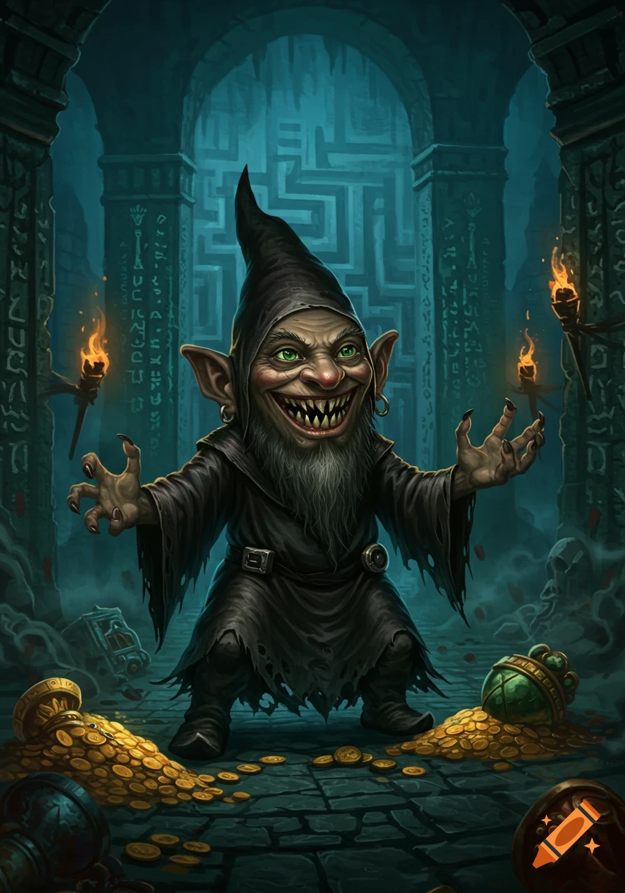A terrifying, grinning gnome in a dark cloak stands on piles of gold in an eerie, labyrinthine dungeon, in a fantasy art style.
