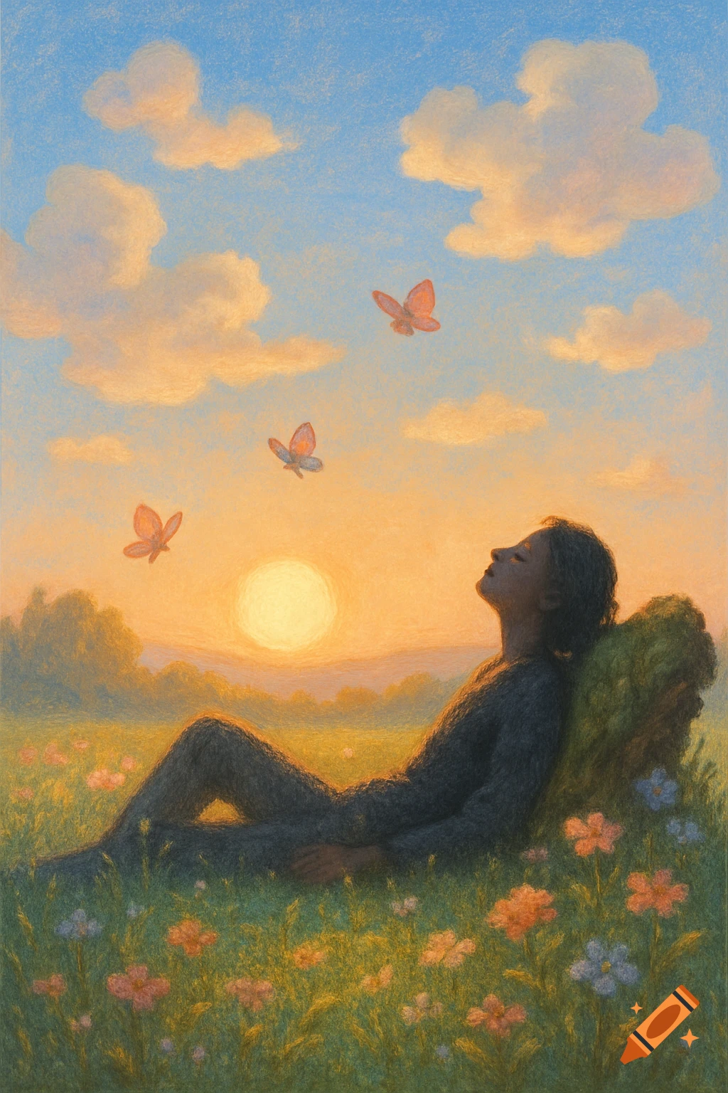 A person lies in a field of flowers at sunset, looking up at butterflies in the pastel sky.