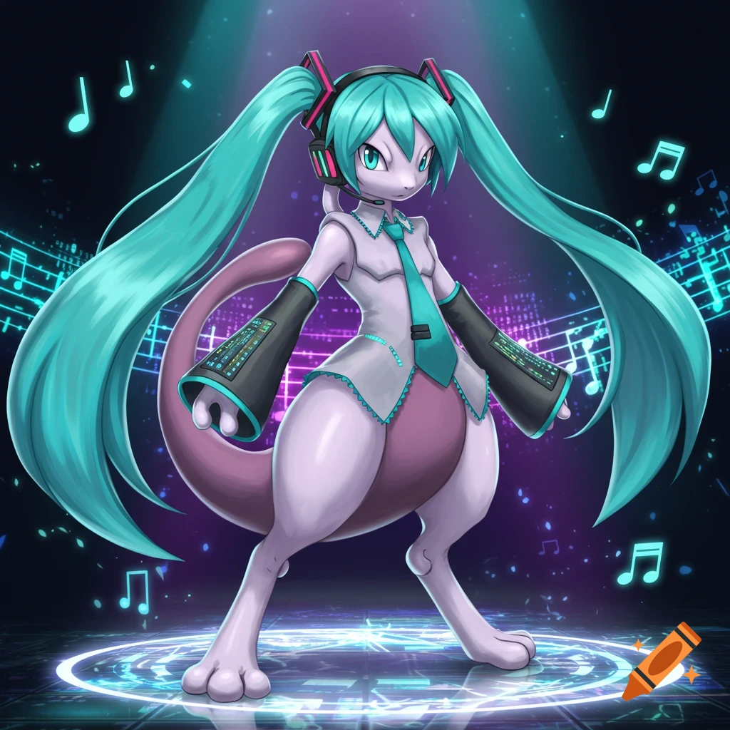 Mewtwo in a Hatsune Miku costume stands on a glowing circular stage with musical notes floating around in an anime illustration style.