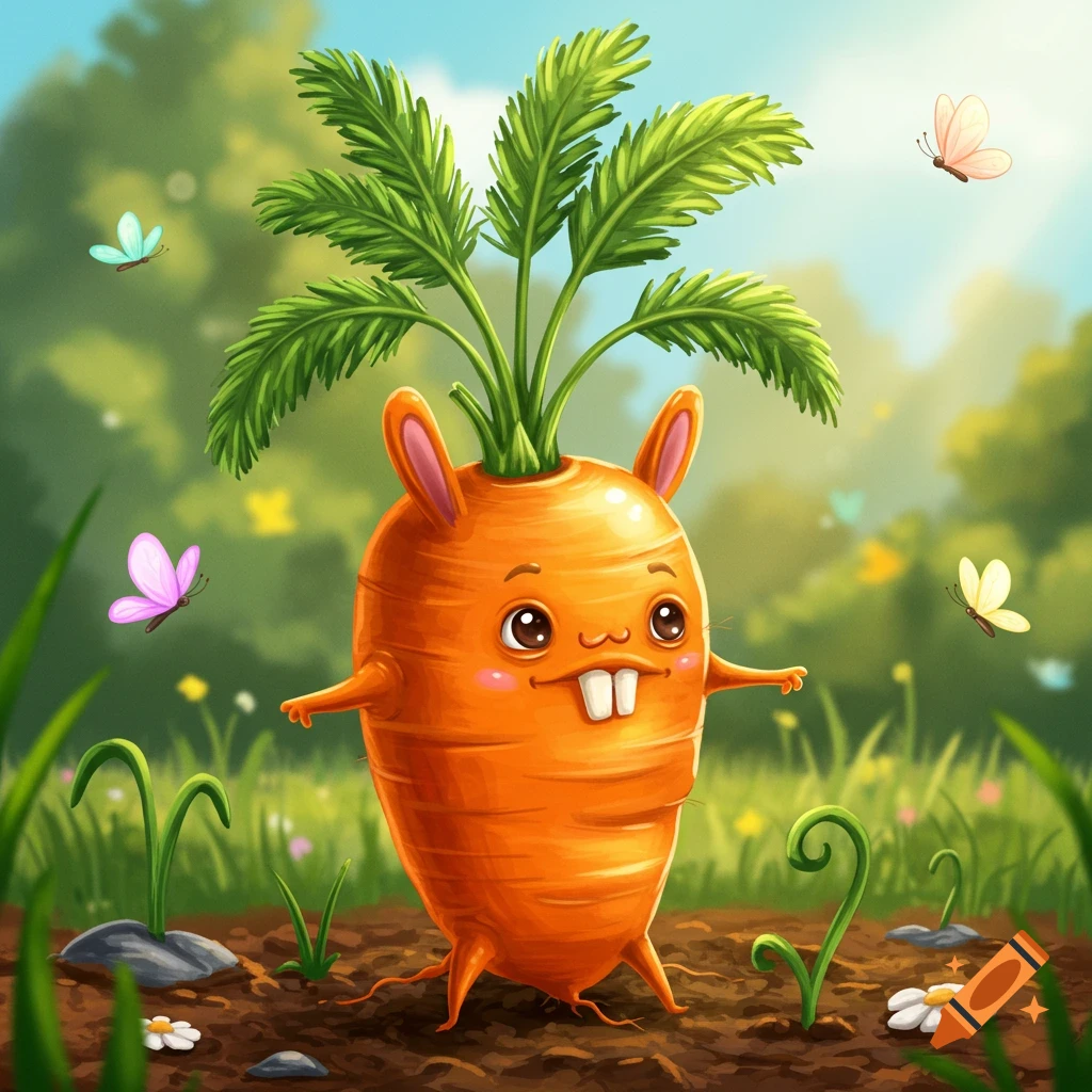 A cute cartoon carrot character with bunny ears and two buck teeth stands in a vibrant garden with butterflies.
