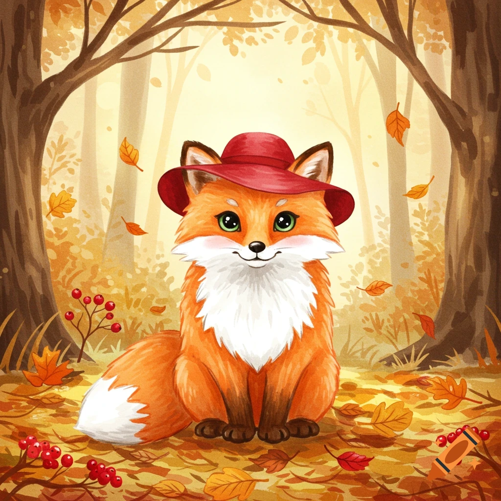 A cute cartoon fox with a red hat sits in an autumn forest with fallen ...