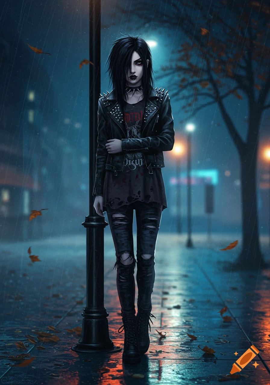 A stylized digital art portrait of an emo/goth girl with black hair and piercings, standing in the rain at night under a streetlamp.