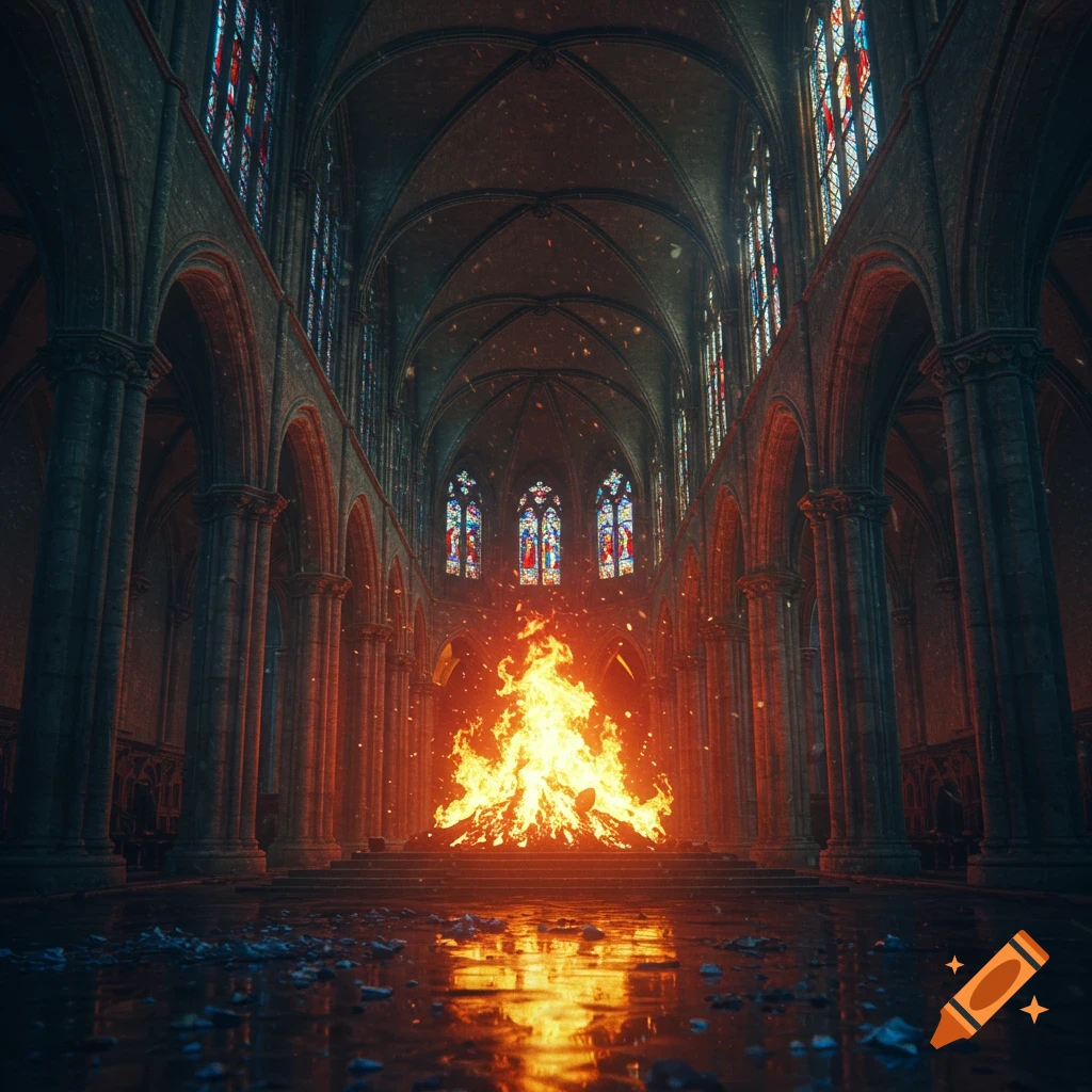 Dramatic view of a gothic church interior with a large, glowing bonfire on the wet floor, reflected below. Stained glass windows line the walls.