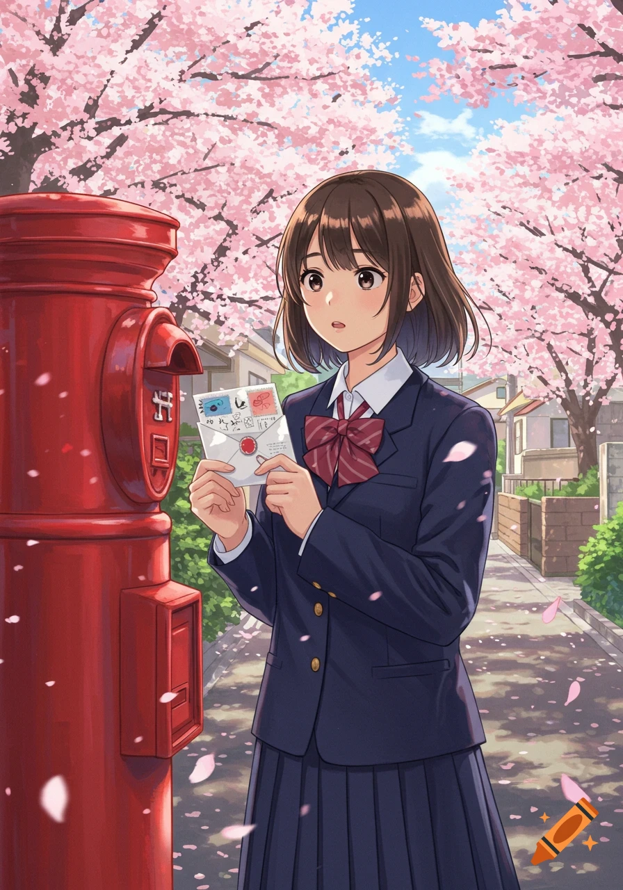 An anime schoolgirl holding a letter and stamps, looking surprised, next to a red Japanese mailbox under blooming cherry blossoms.