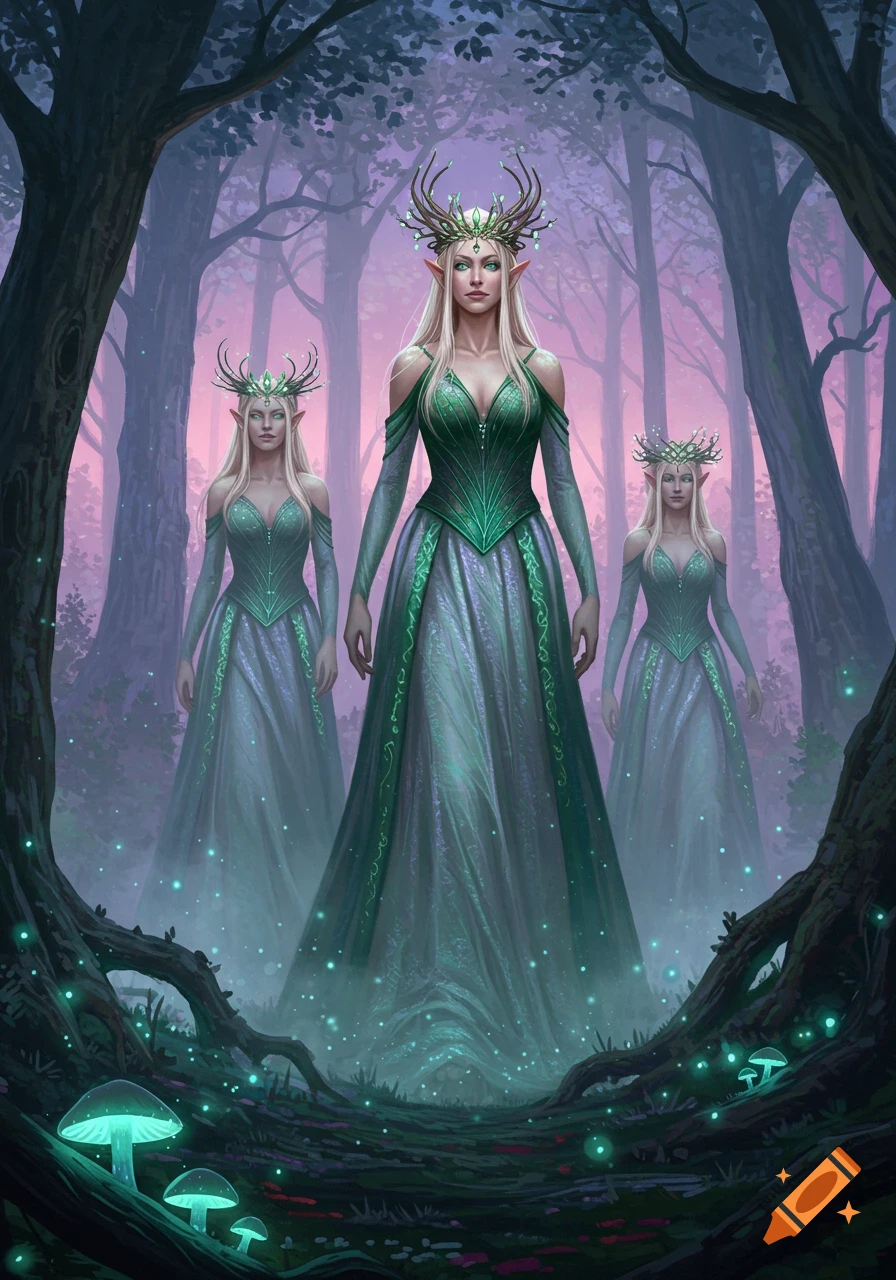 Three blonde elves in green dresses and antler crowns stand in a misty, magical forest with glowing mushrooms, digital fantasy art.