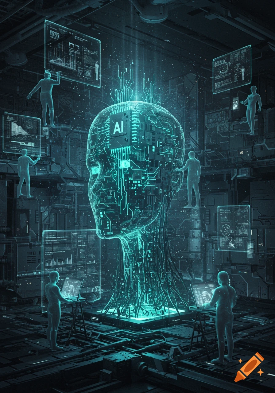 Large glowing AI head made of circuits, with transparent figures interacting with holographic screens in a futuristic setting.